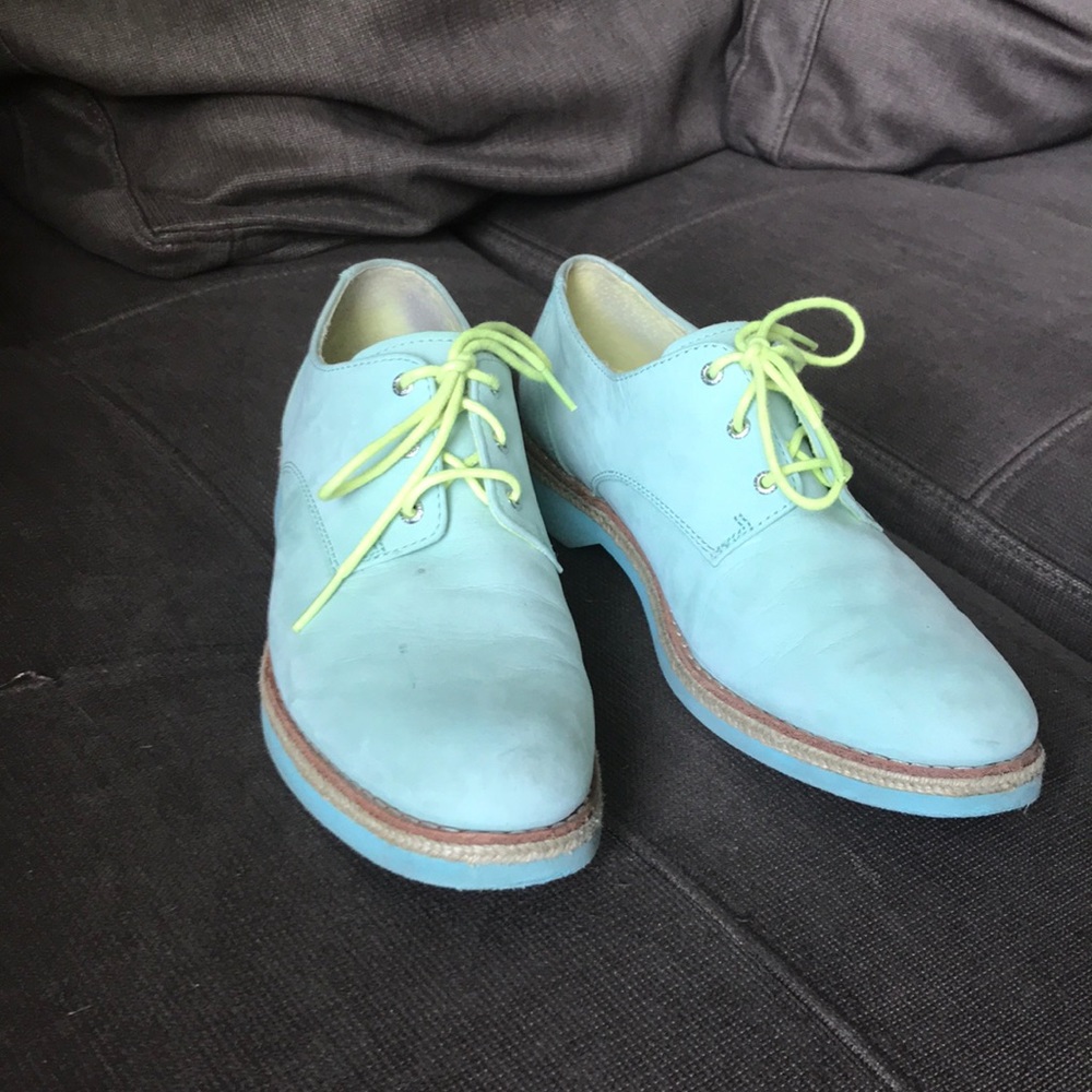 Sperry Light Blue Flats with Neon Yellow Laces